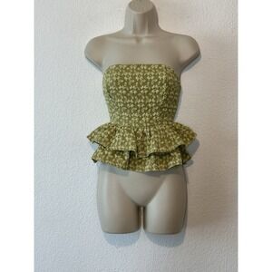 Y2K Sleeveless Green Jacquard Halter Ruffle‎ Crop Top Size S Fairy Boho Coquette